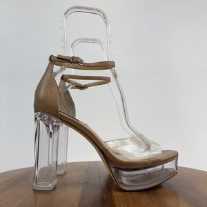 New Womens Steve Madden Ana-Ciana Beige Clear Platform Heeled Sandals Size 9